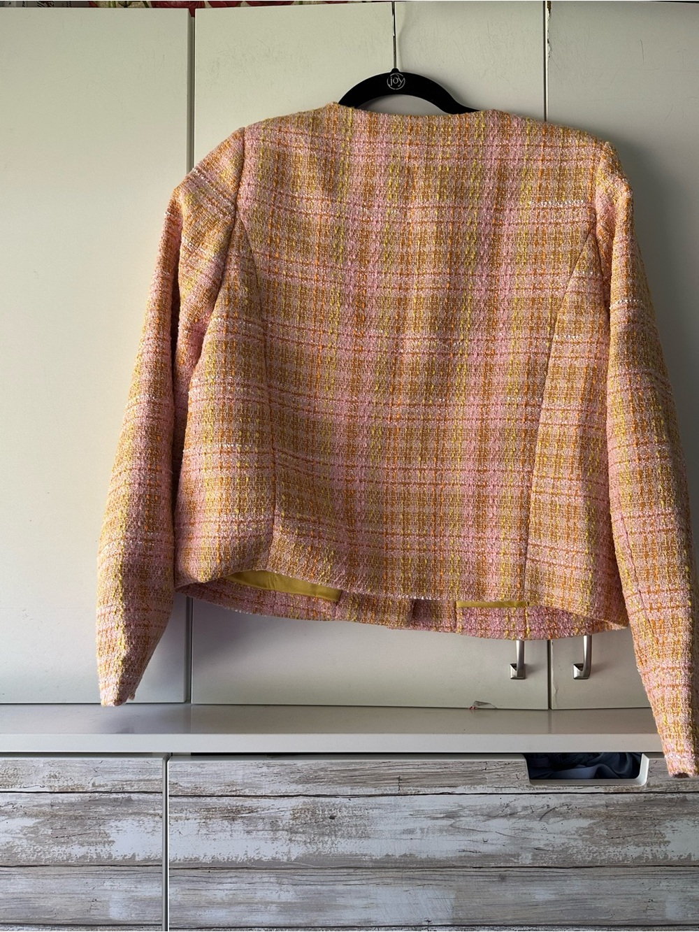 🌸 NWT Time & Tru Tweed Jacket Small Pink Yellow Plaid Cropped Blazer - Picture 7 of 13